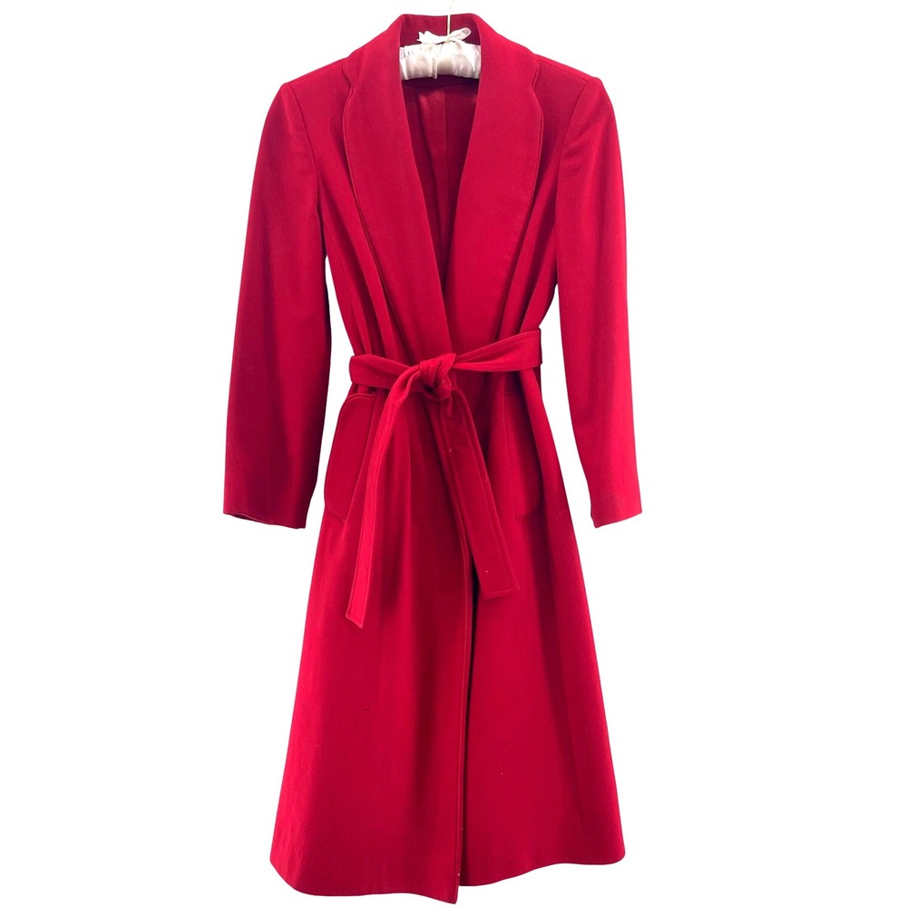Vtg 90s Fleurette Red Wool Wrap Coat Womens S Small Belted Luxury Designer‎ USA